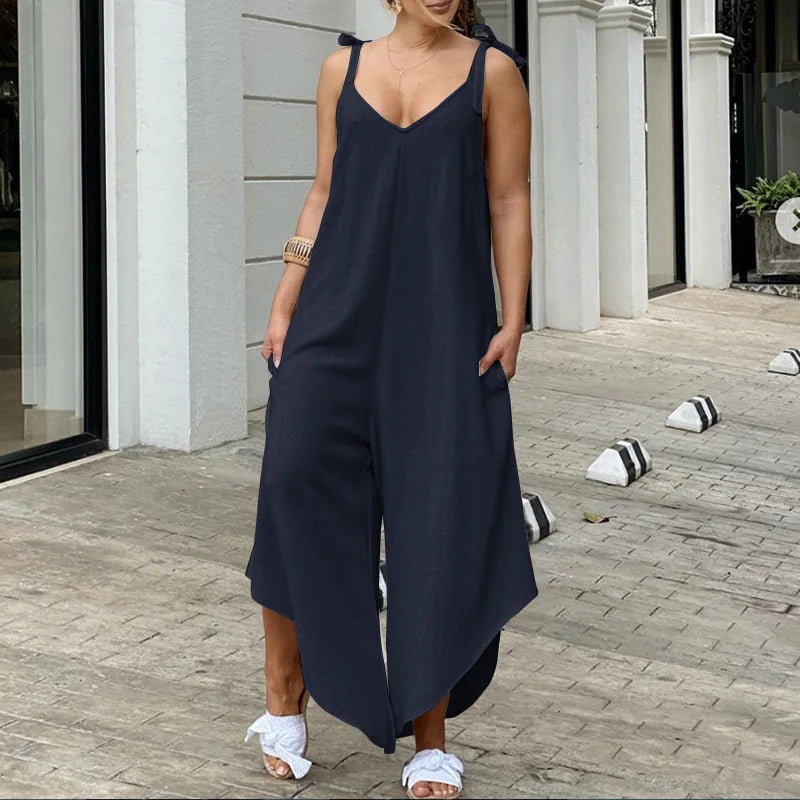 2022 Summer Women Loose Cotton Jumpsuits Wide Leg Pants Female Casual Solid Suspender Rompers Pocket Bib Siamese Large Size 5XL