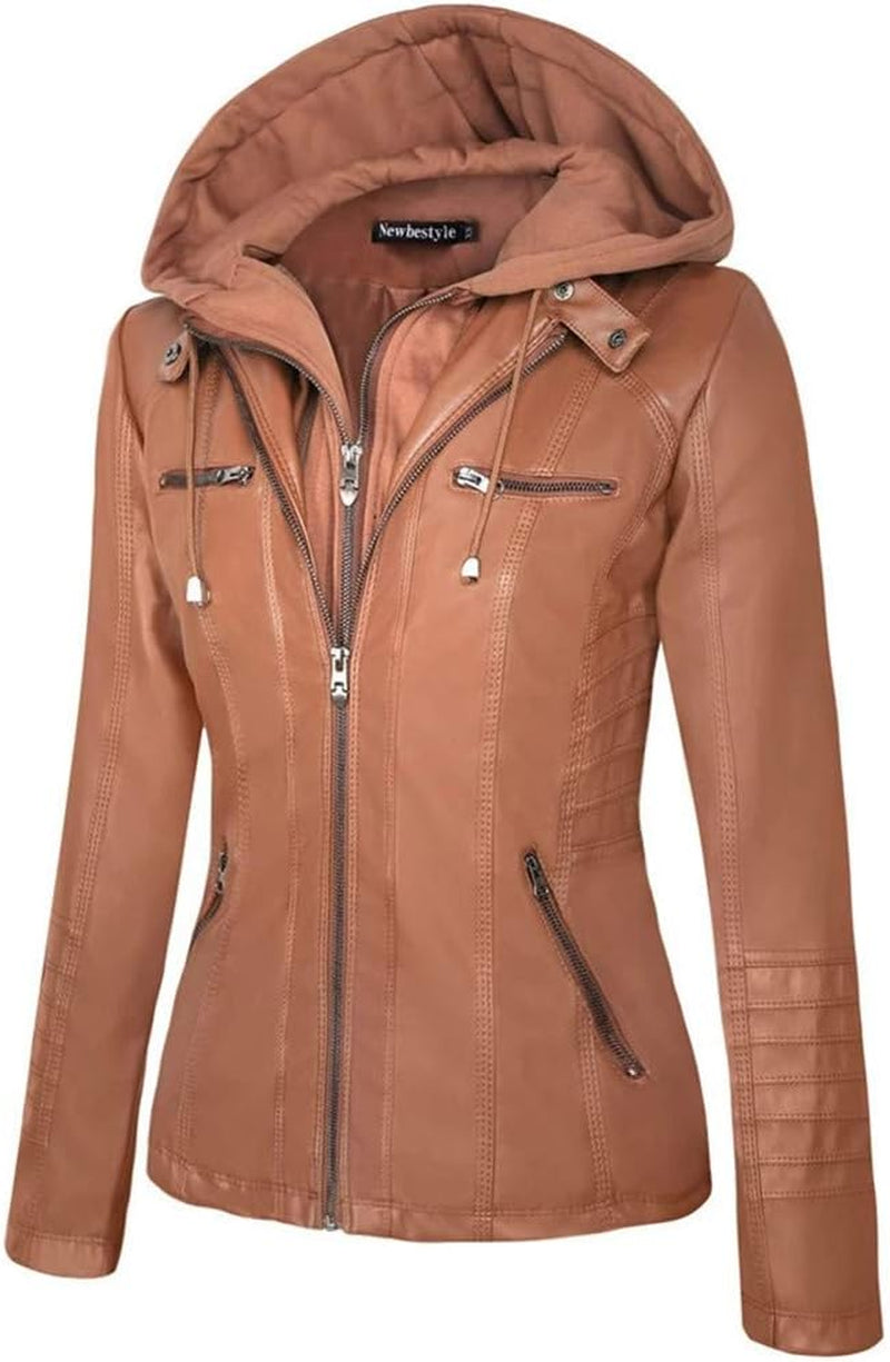 Faux Leather Jacket for Women Casual Moto Biker Jacket Quilted Full-Zip Coat