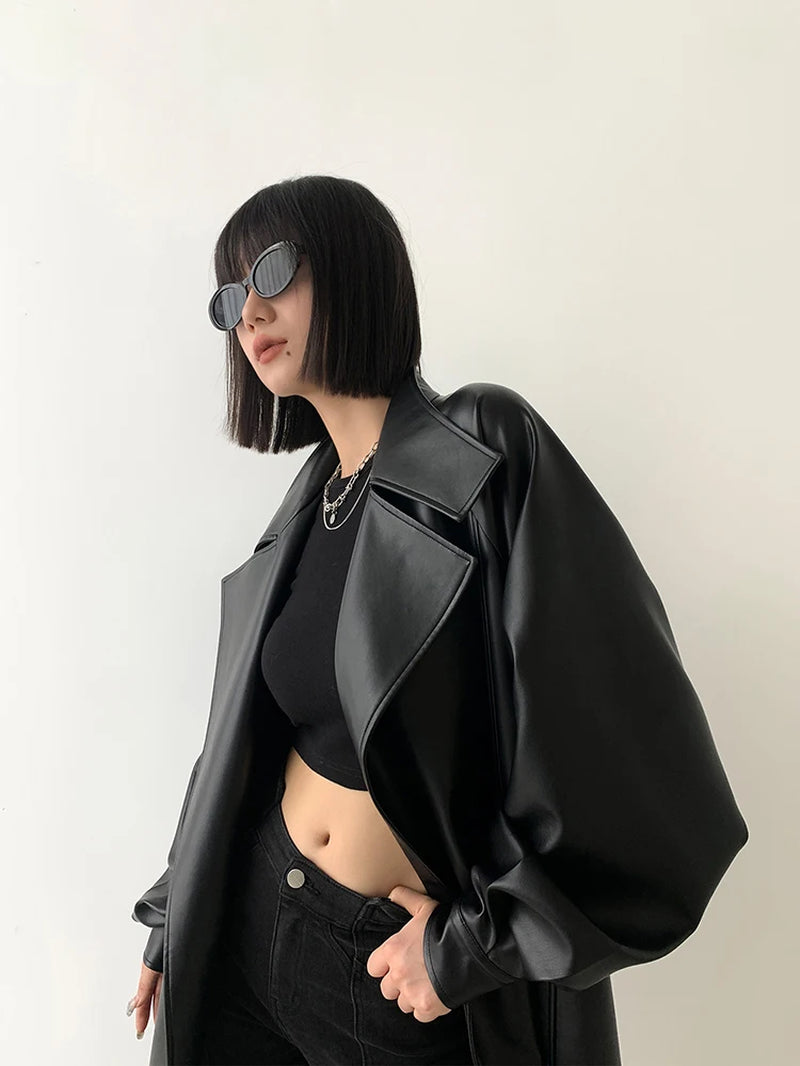 Spring Autumn Long Oversized Cool Black Soft Pu Leather Trench Coat for Women Sashes Luxury Runway European Fashion 2023