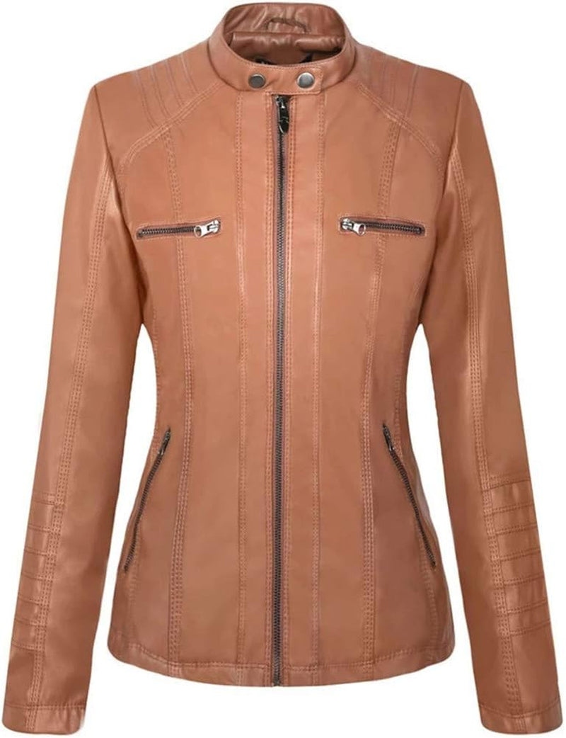 Faux Leather Jacket for Women Casual Moto Biker Jacket Quilted Full-Zip Coat