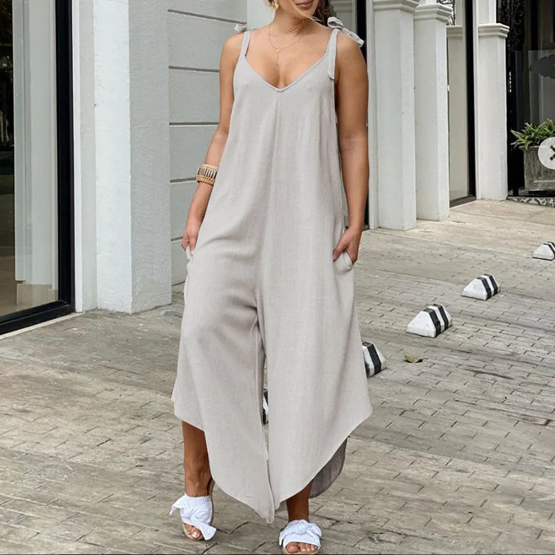 2022 Summer Women Loose Cotton Jumpsuits Wide Leg Pants Female Casual Solid Suspender Rompers Pocket Bib Siamese Large Size 5XL