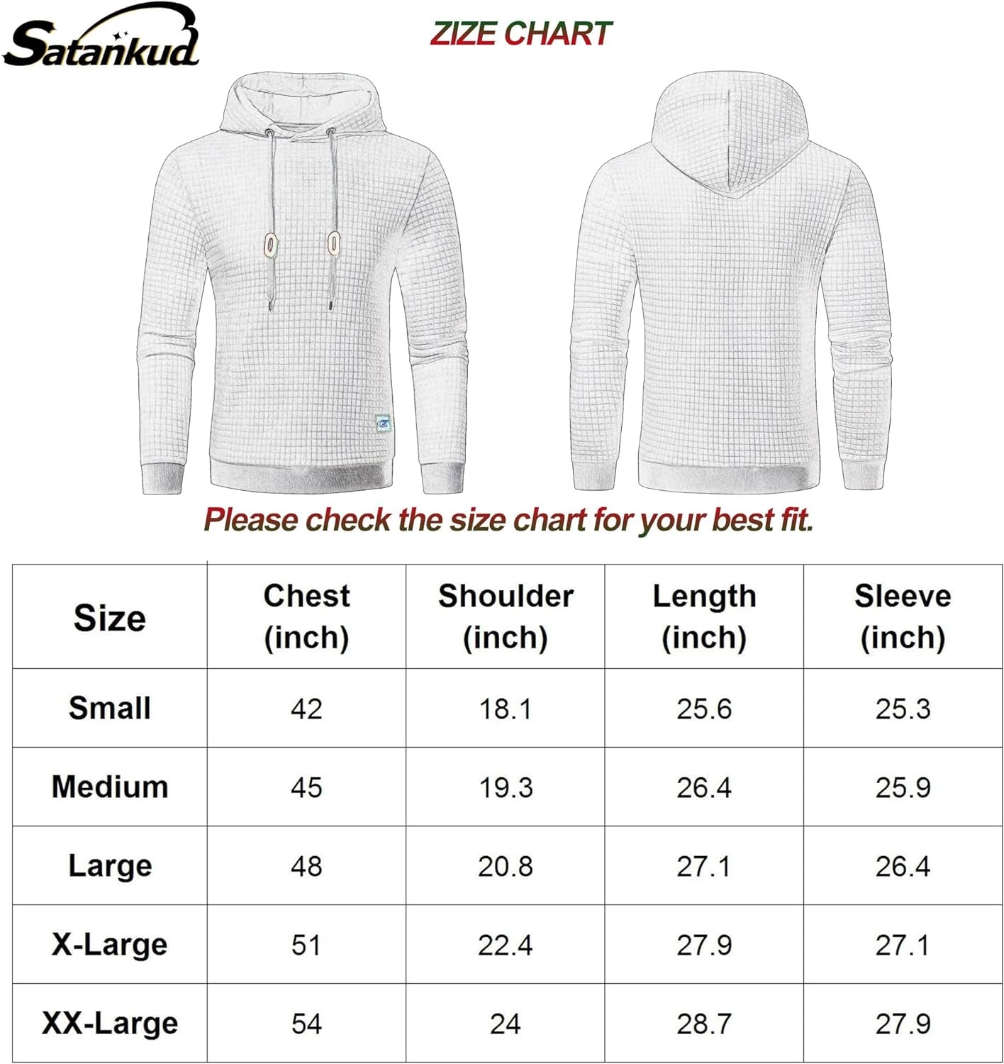 Mens Pullover Hoodie Long Sleeve Hooded Sweatshirt Casual Hoodies Square Pattern