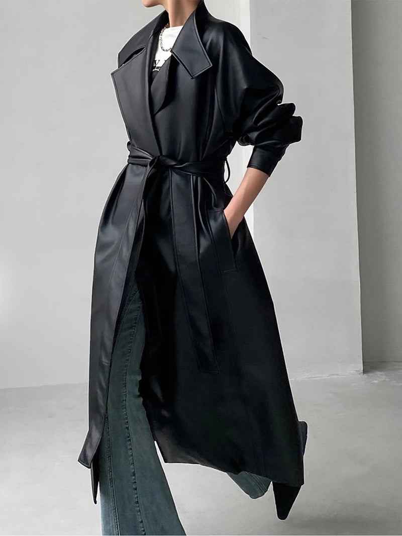 Spring Autumn Long Oversized Cool Black Soft Pu Leather Trench Coat for Women Sashes Luxury Runway European Fashion 2023