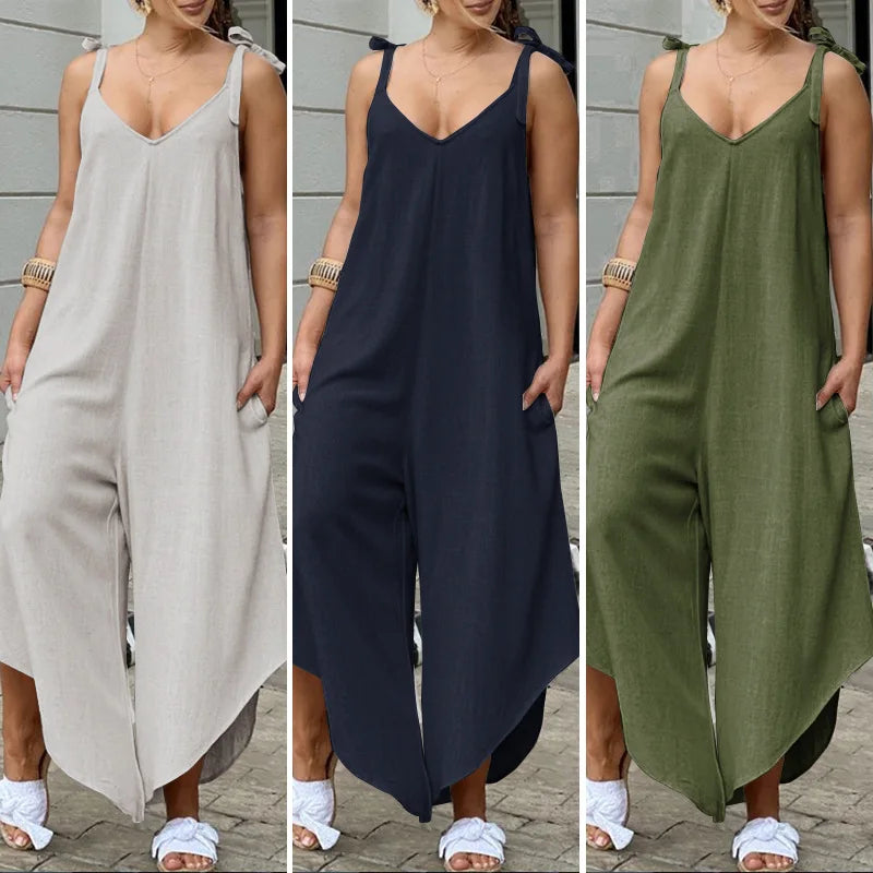 2022 Summer Women Loose Cotton Jumpsuits Wide Leg Pants Female Casual Solid Suspender Rompers Pocket Bib Siamese Large Size 5XL