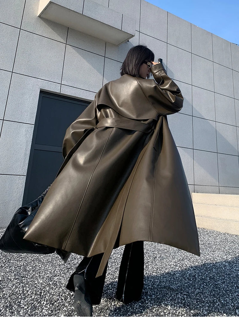 Spring Autumn Long Oversized Cool Black Soft Pu Leather Trench Coat for Women Sashes Luxury Runway European Fashion 2023